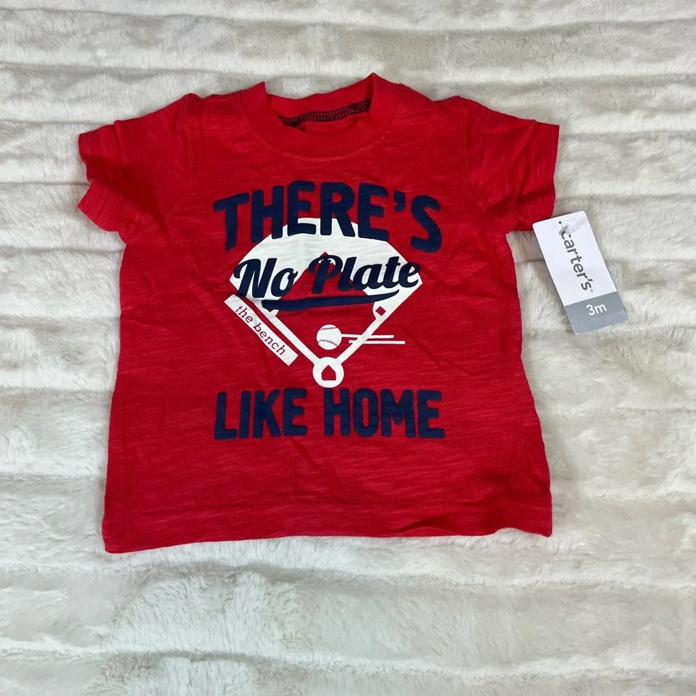 NWT Carters Unisex Baby Boy Girl 3M Red Baseball “No Plate Like Home” Tee Fall